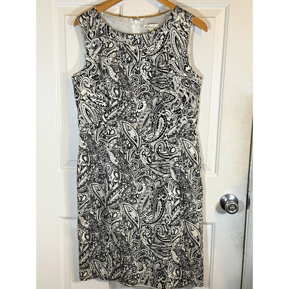 Kim Rogers Black White boho Paisley Sheath Dress Size 12 Sleeveless Lined Zip